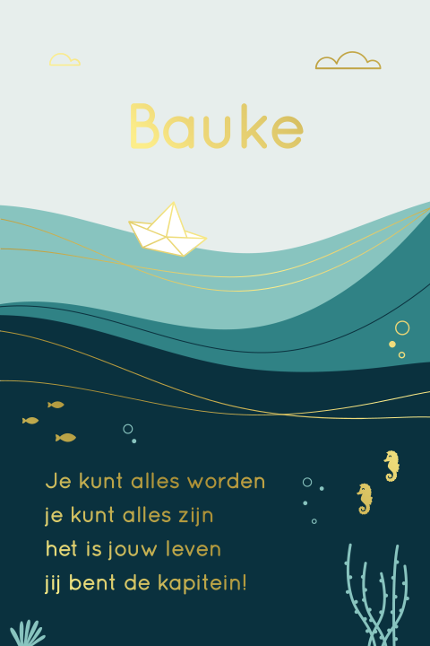 geboortekaartje Bauke met zee en bootje