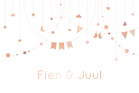 geboortekaartje tweeling met slingers en roségoudfolie