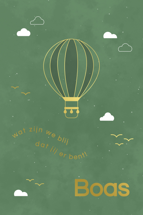 geboortekaartje Boas met luchtballon in goudfolie