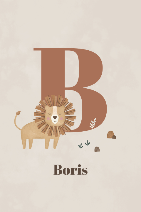 geboortekaartje jongen met leeuw en initiaal beige