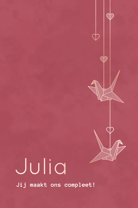 geboortekaartje Julia met origami kraanvogels