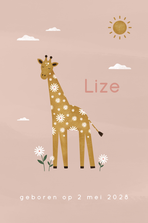 geboortekaartje Lize met getekende bloemen giraffe
