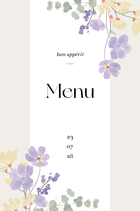 menukaart bruiloft met veldbloemen lila