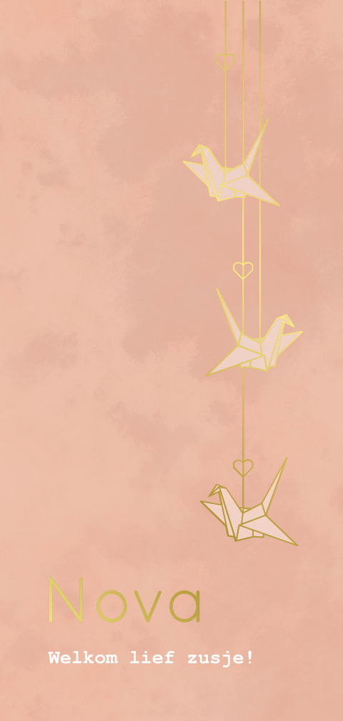 geboortekaartje meisje met origami kraanvogels in goudfolie