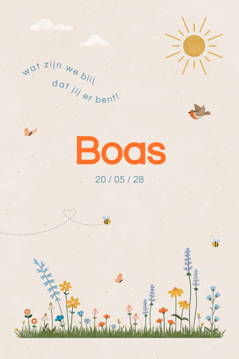 vrolijk geboortekaartje Boas met kleurrijke bloemen