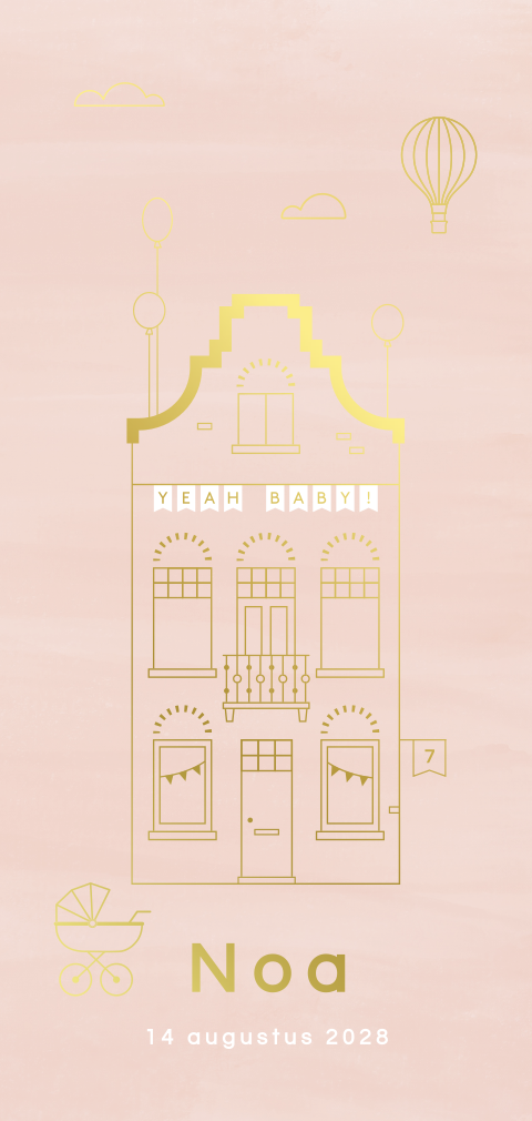 geboortekaartje  Noa met Amsterdams huisje in goudfolie