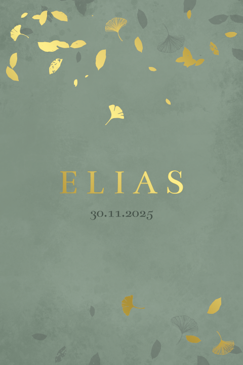 geboortekaartje Elias met bladeren in goudfolie