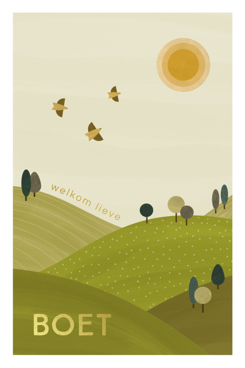 geboortekaartje Boet met landschap en vogels