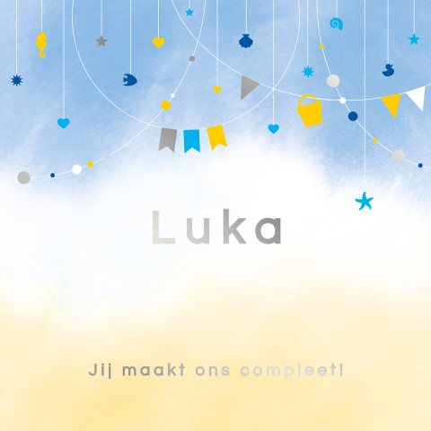 geboortekaartje jongen slingers strand met zilverfolie