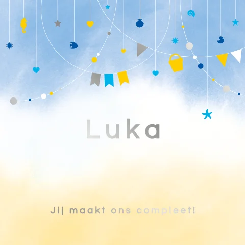 geboortekaartje jongen slingers strand met zilverfolie