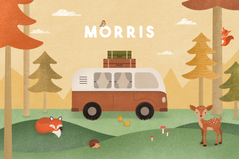 geboortekaartje Morris met camperbus en bosdiertjes