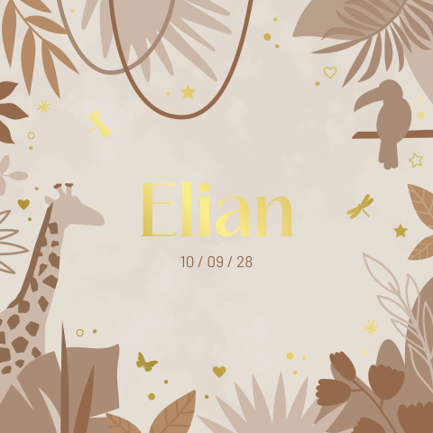 geboortekaartje Elian jungle in beige tinten vierkant