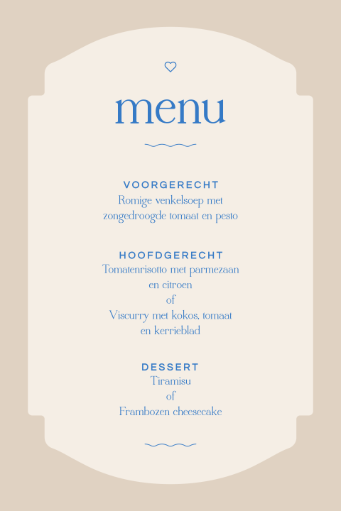 menukaart bruiloft met blauwe typografie