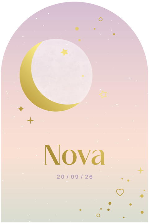 geboortekaartje Mae in boogvorm met maan en sterren in goudfolie