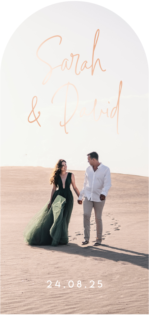 trouwkaart in boogvorm met foto en roségoudfolie