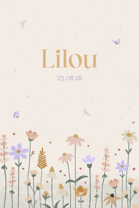 geboortekaartje Lilou met veldbloemen en hartjes
