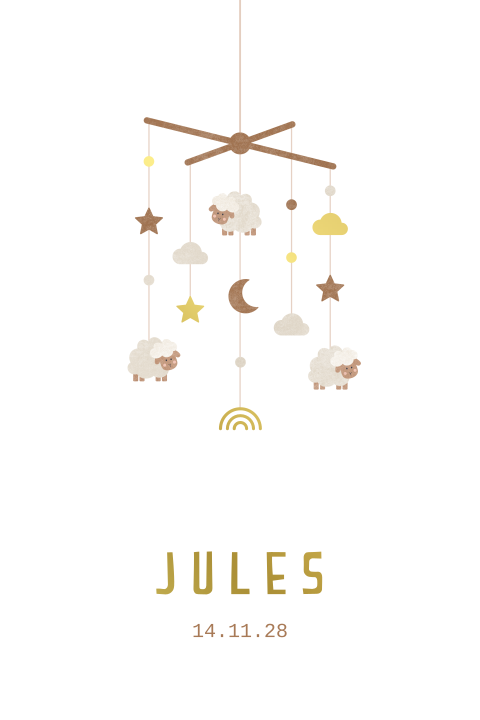 geboortekaartje Jules met schapen babymobiel