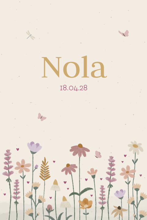 geboortekaartje Nola met veldbloemen en hartjes in najaarstinten