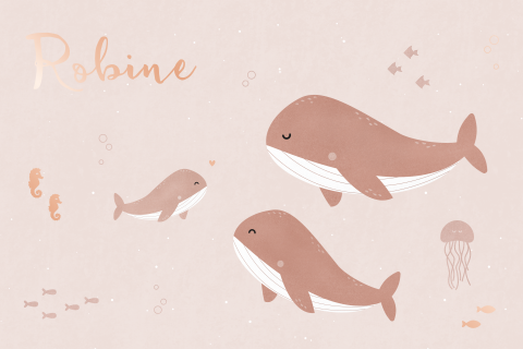 geboortekaartje Robine met walvissen en roségoudfolie