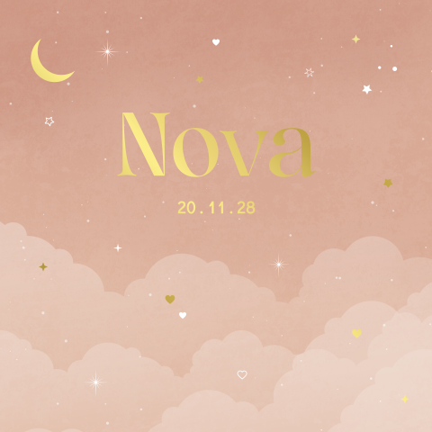 dromerig geboortekaartje Nova met wolken en goudfolie