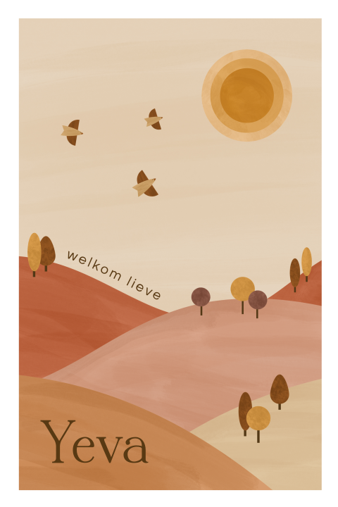 kleurrijk geboortekaartje Yeva met landschap en vogels