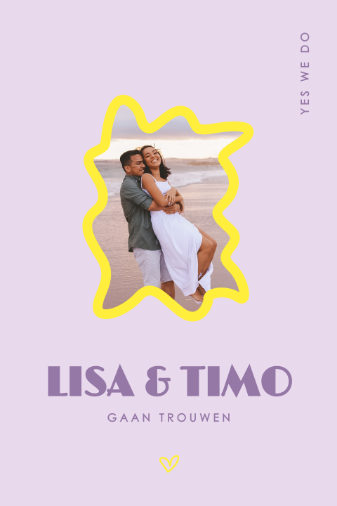 kleurrijke trouwkaart met foto en speels kader