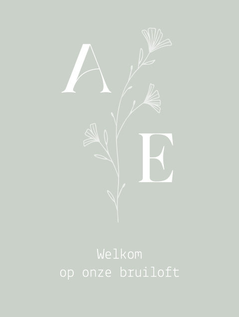 welkomsbord bruiloft met bloem en initialen