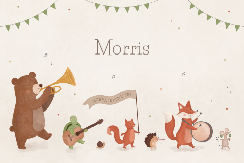 feestelijk geboortekaartje Morris met dierenparade