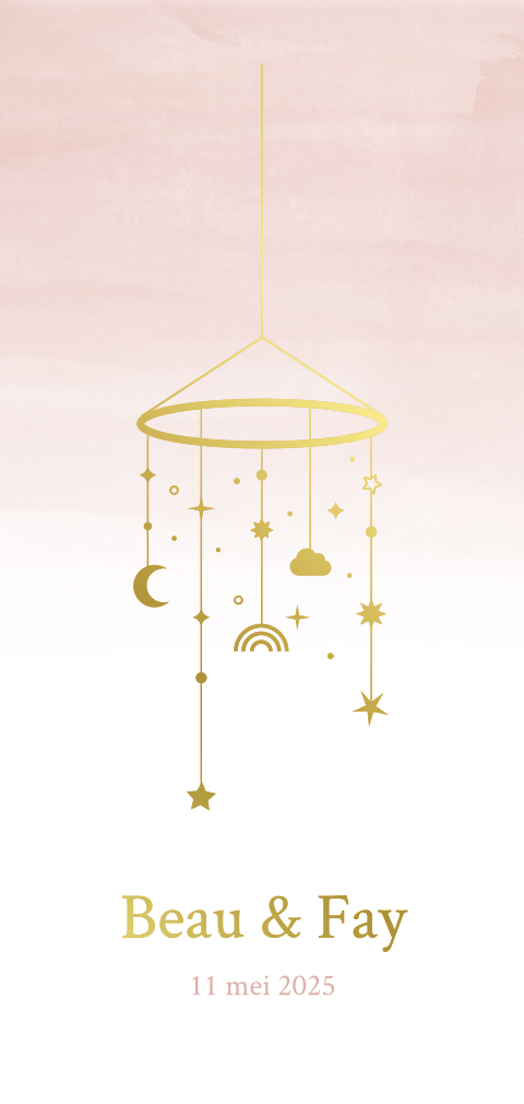 geboortekaartje tweeling met babymobiel in goudfolie