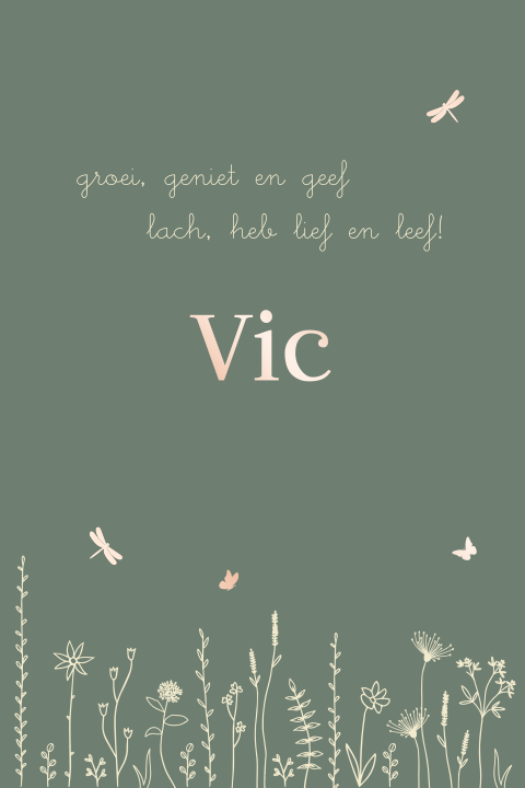 geboortekaartje Vic met veldbloemen en roségoudfolie