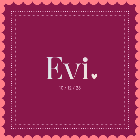 geboortekaartje Evi met speelse rand en naam in foliedruk