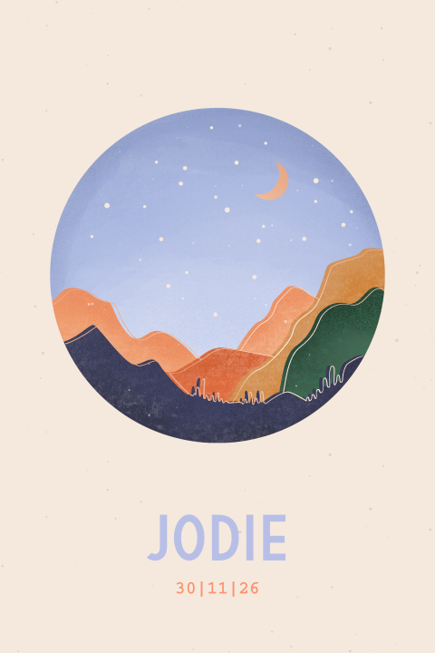 geboortekaartje Jodie met landschap en sterrenhemel