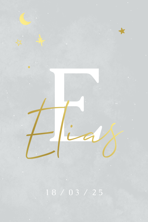 geboortekaartje Elias met letter en naam in folie