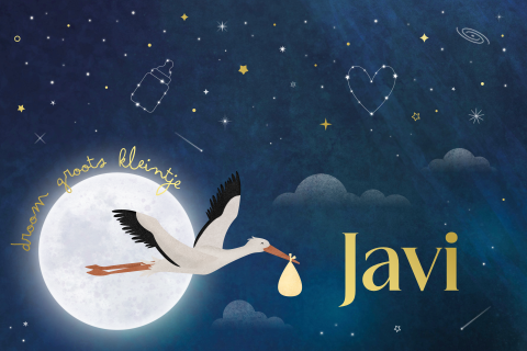 geboortekaartje Javi met maan, ooievaar en sterrenhemel