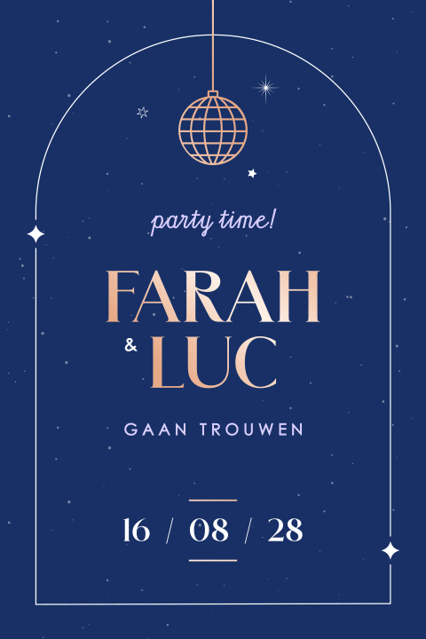 feestelijke trouwkaart met discobol en sterren