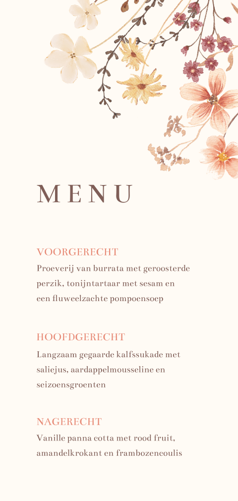 menukaart bruiloft met bloemen