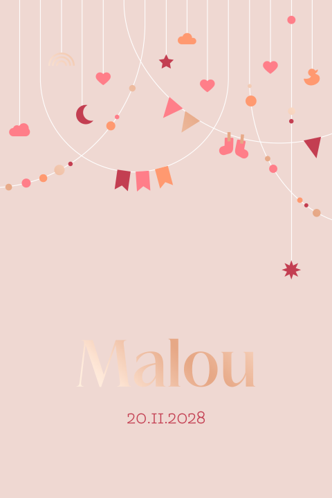 geboortekaartje Malou met kleurrijke slingers en folie