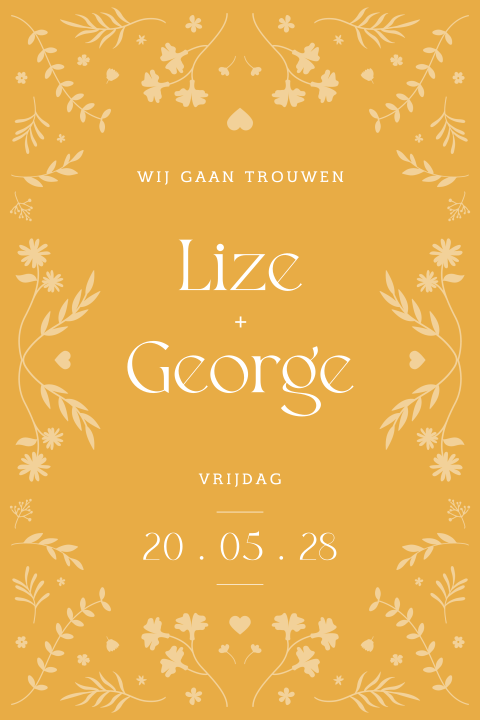 romantische trouwkaart in het geel met botanische illustraties