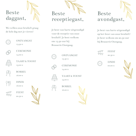 dagprogramma voor bij trouwkaart met iconen en goudfolie