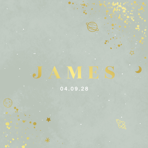 geboortekaartje James met spetters en planeten in goudfolie