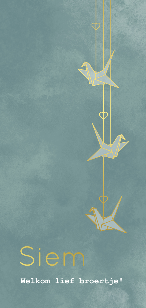 geboortekaartje jongen met origami kraanvogels in goudfolie