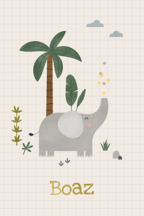 geboortekaartje Boaz met olifant in savanne