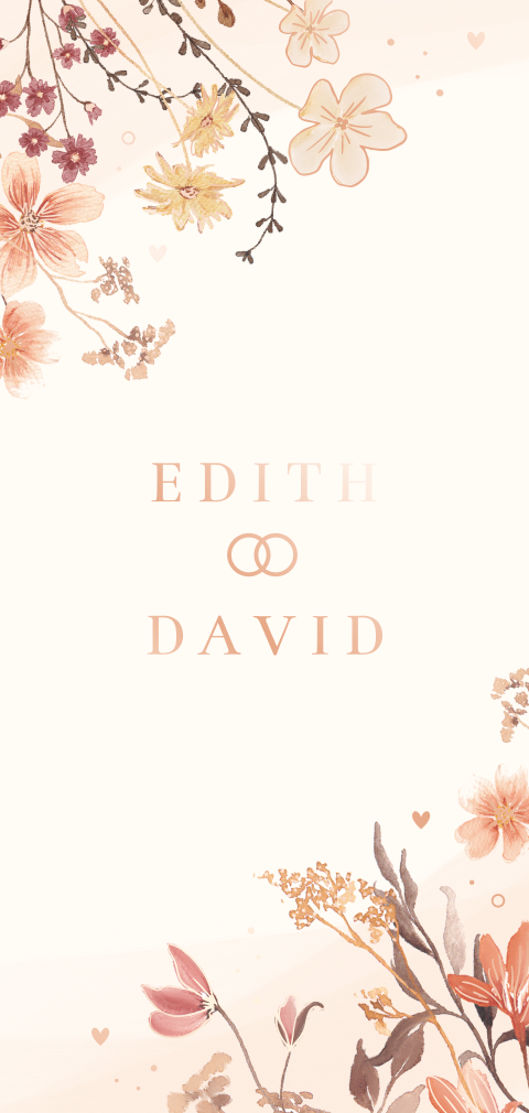 trouwkaart met bloemen en rosegoudfolie