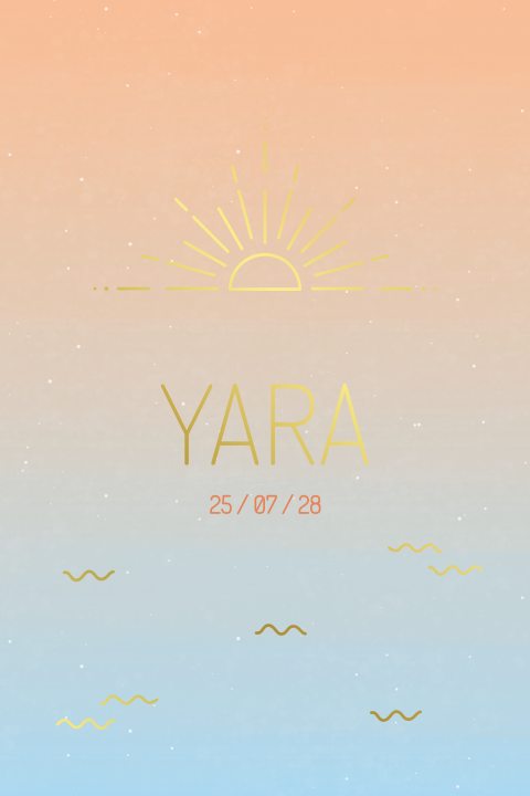 zomers geboortekaartje Yara met kleurverloop, zon en goudfolie