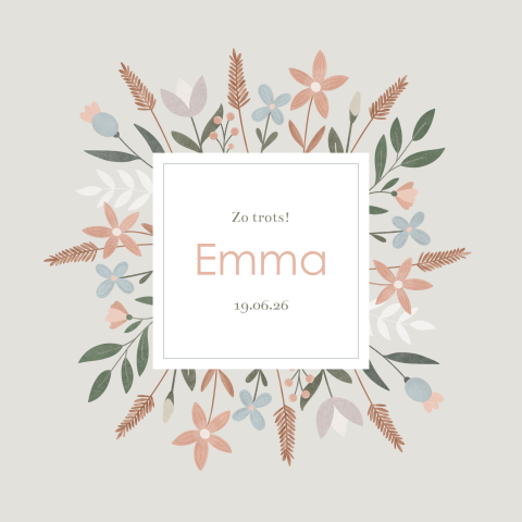 geboortekaartje Emma met veldbloemen in natuurtinten