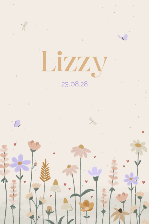 geboortekaartje Lizzy met veldbloemen en hartjes