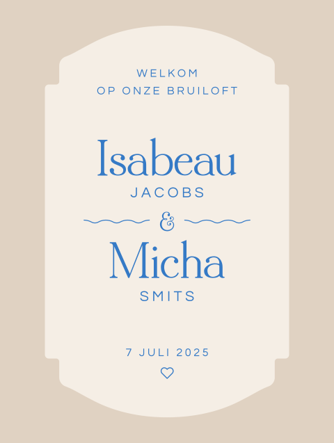 modern welkomsbord bruiloft beige met blauw