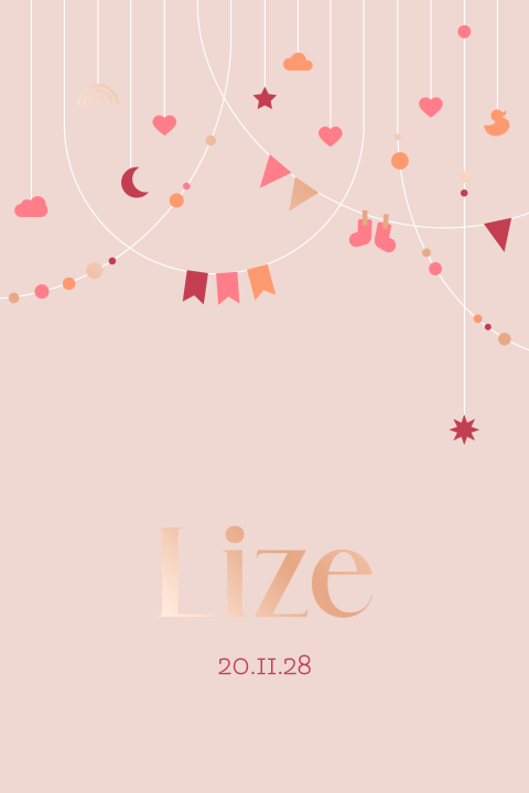 geboortekaartje Lize met kleurrijke slingers en folie