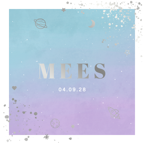 dromerig geboortekaartje Mees met kleurverloop en zilverfolie