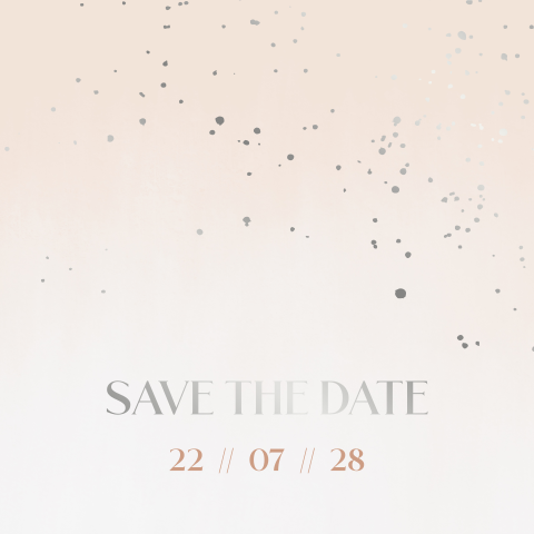 save the date kaart met kleurverloop en spetters in zilverfolie